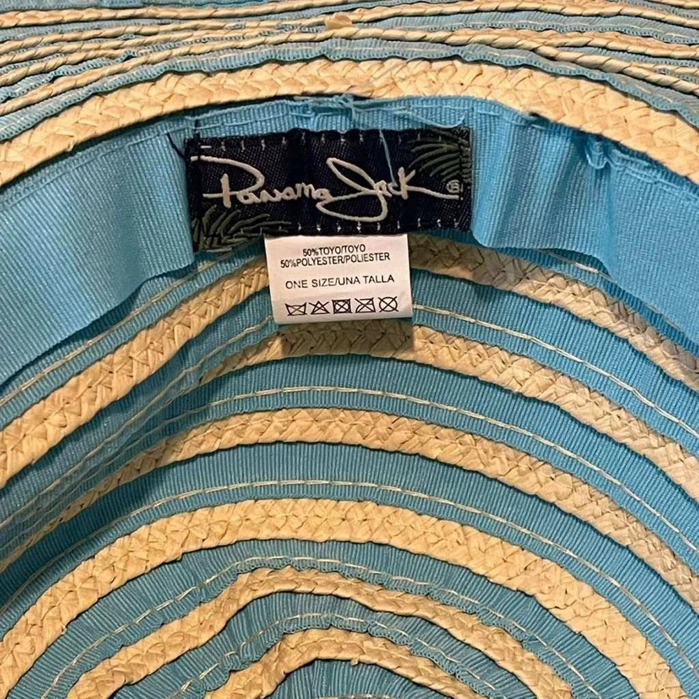 Panama Jack Womens Blue Cream Striped Wide‎ Brim Floppy Sun Beach Hat One Size